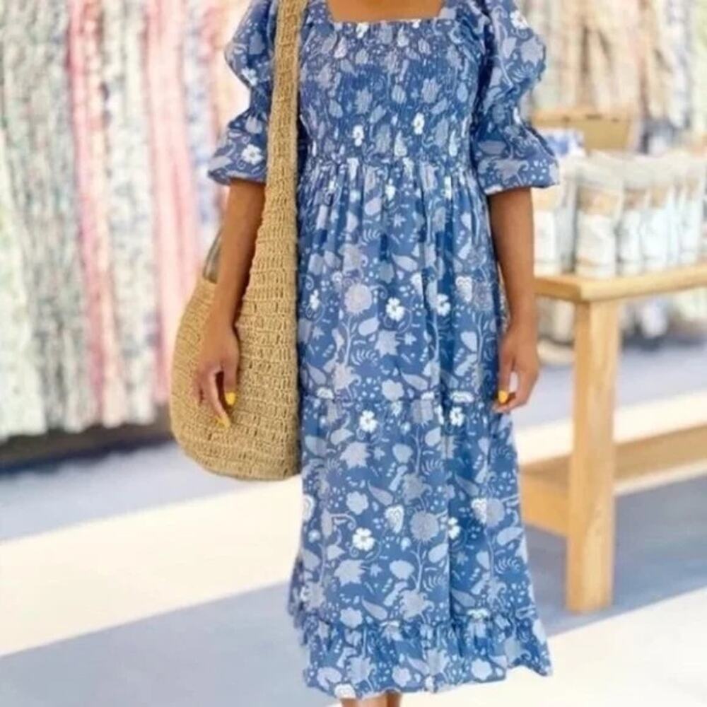 Grace Holiday Blue Floral Smocked Midi Dress Small